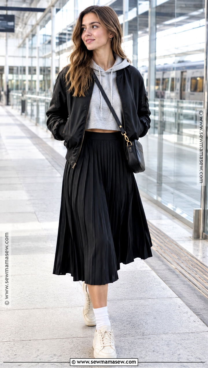 Pleated Skirt With Hoodie And Sneakers - 15 fall outfit pleated skirt ideas