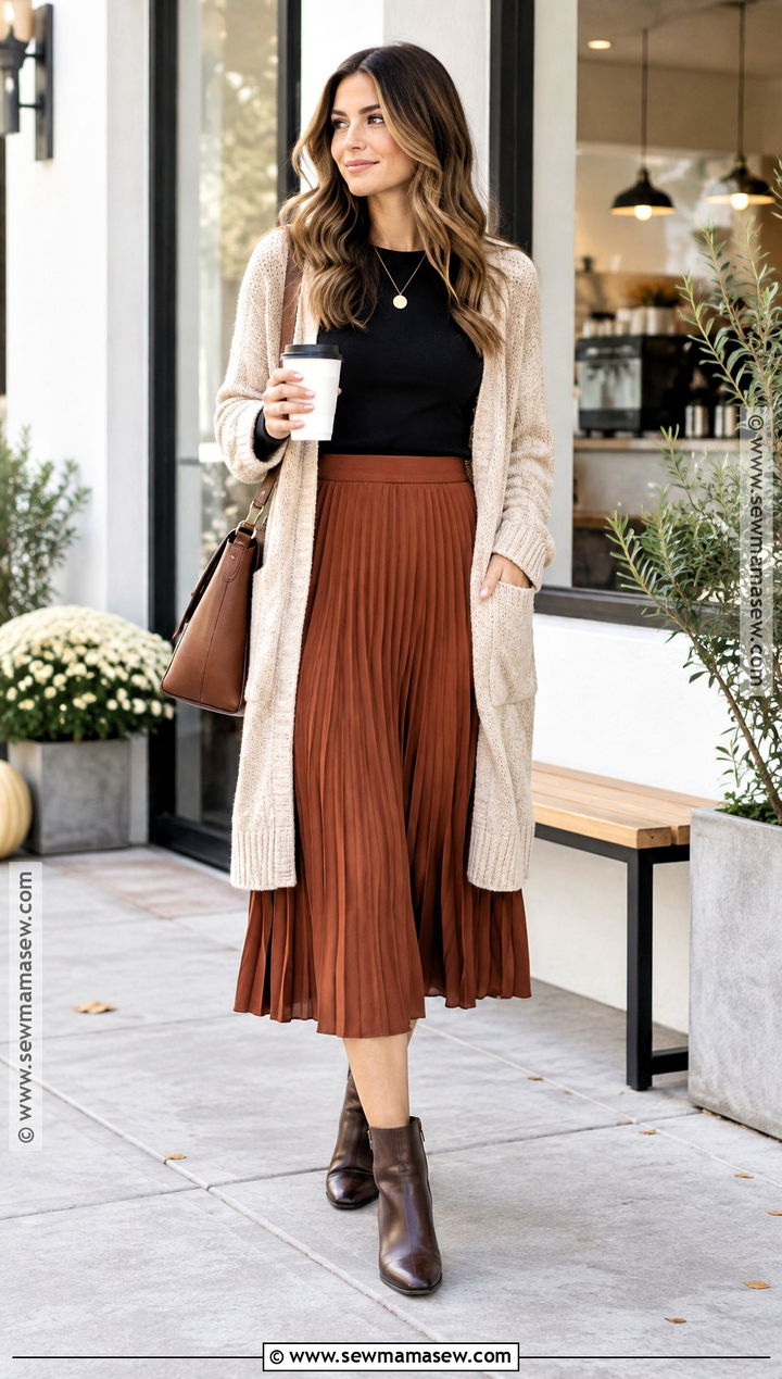 Pleated Skirt With Long Cardigan And Ankle Boots - 20 pleated skirt fall outfit ideas