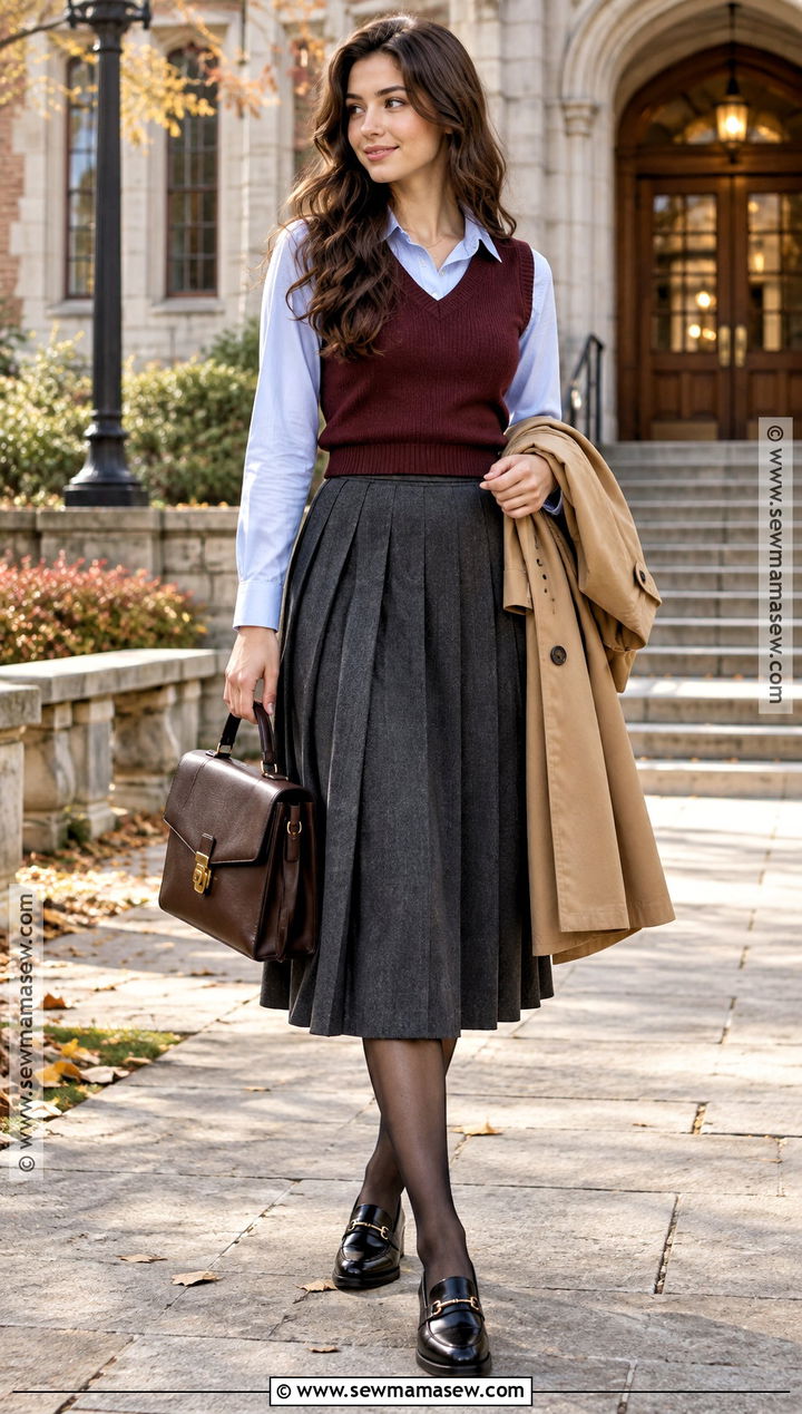 Pleated Skirt With Sweater Vest And Button Down Shirt - 20 pleated skirt fall outfit ideas