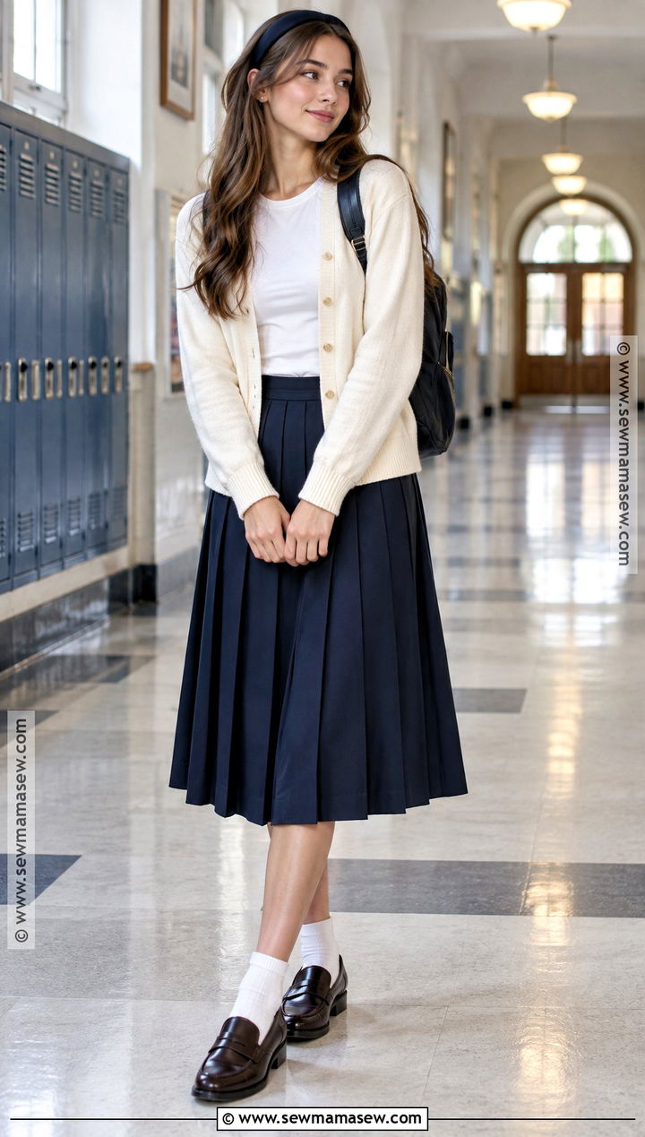 Pleated Skirt and Cardigan Preppy Outfit - 15 preppy outfits back to school