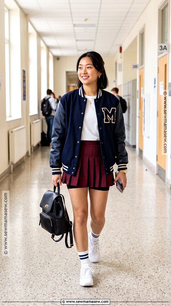 Pleated Skirt and Varsity Jacket Fall School Outfit - 20 fall baddie outfits for school