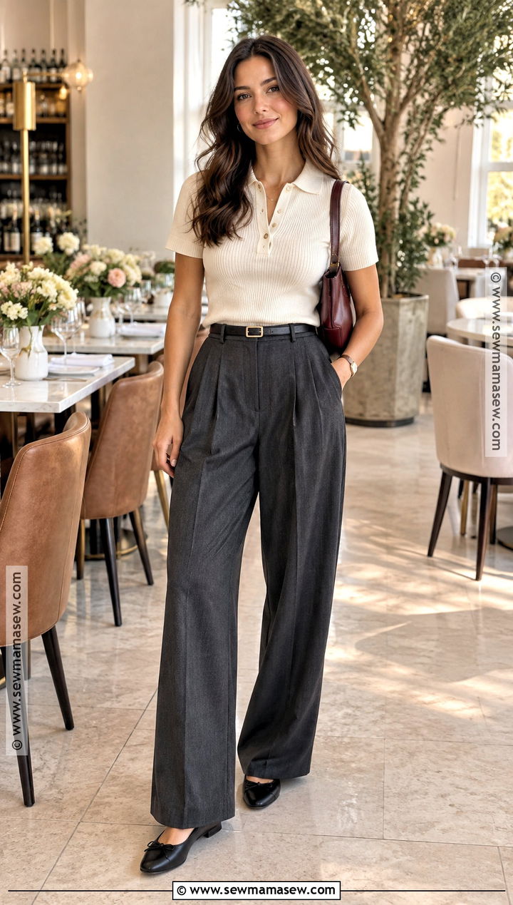 Pleated Trousers With Knit Polo and Ballet Flats - 25 baby shower outfit for guest fall casual ideas