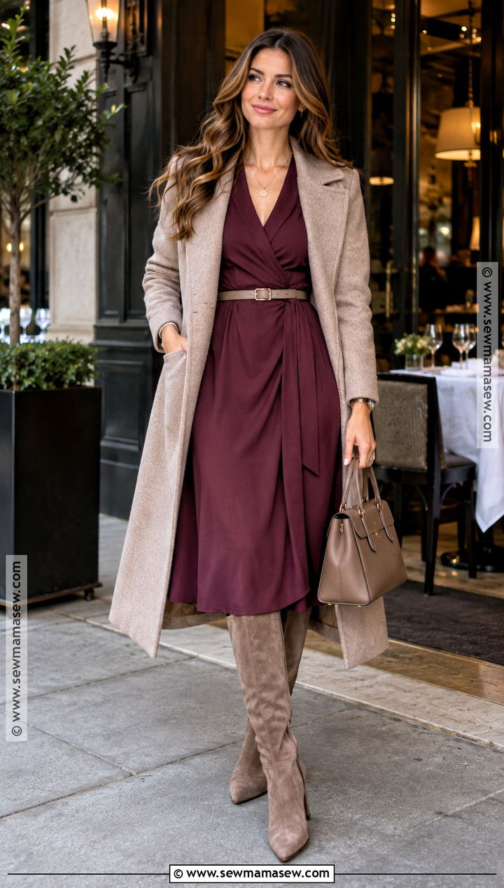 Plum And Taupe Autumn Midi Dress Outfit - 20 autumn outfits color palettes