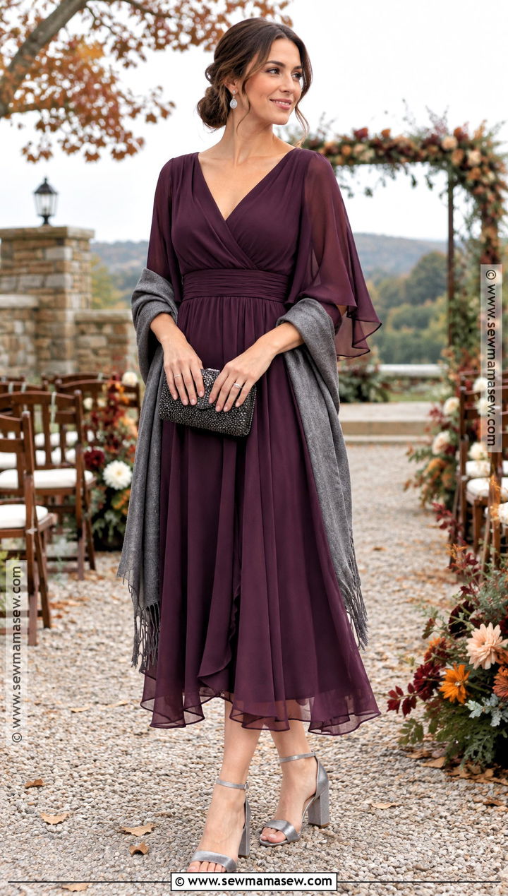 Plum Bell Sleeve Bohemian Wedding Guest Dress - 15 bohemian wedding guest dress fall ideas