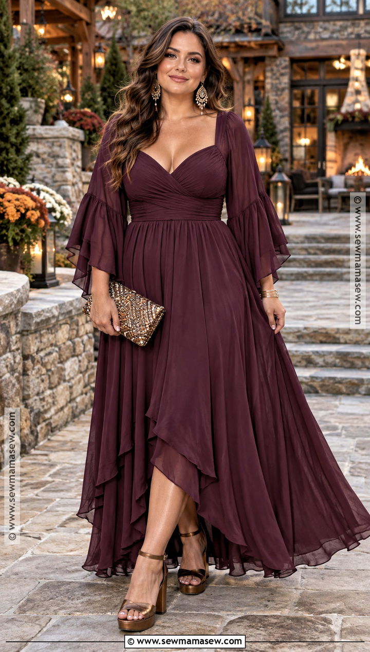 Plum Bell Sleeve Dress With Platform Sandals - 15 boho wedding guest dress fall ideas