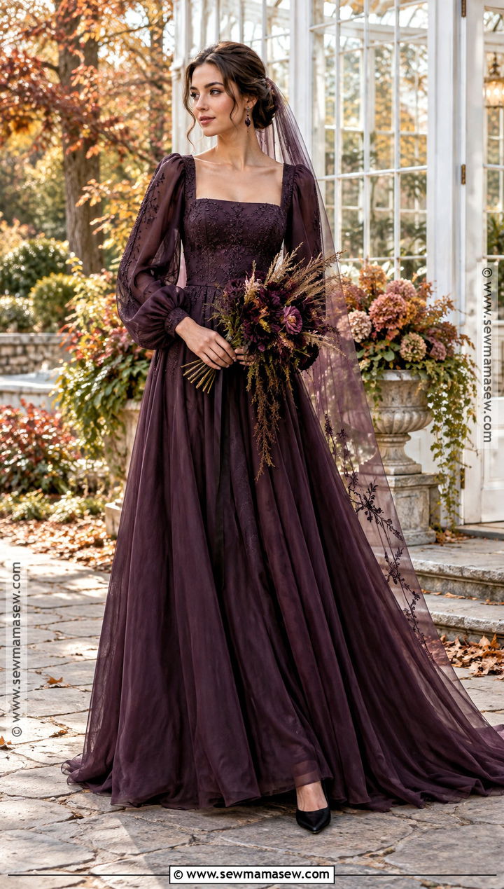 Plum Bishop Sleeve Gothic Wedding Dress - 15 Gothic Fall Wedding Dress Ideas