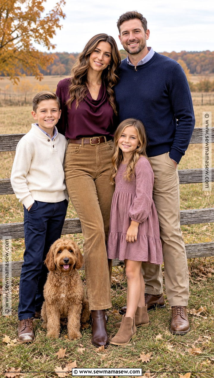 Plum Blouse And Corduroy Pants Fall Family Photo Outfit - 15 mom family photo outfit fall ideas