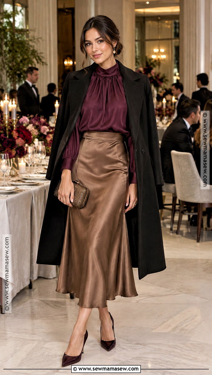 Plum Blouse And Satin Skirt Wedding Guest Outfit - 25 wedding guest outfit fall ideas