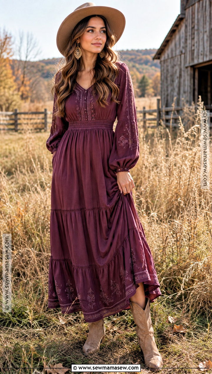 Plum Boho Maxi Dress With Western Boots - 15 Fall Picture Dresses for Women