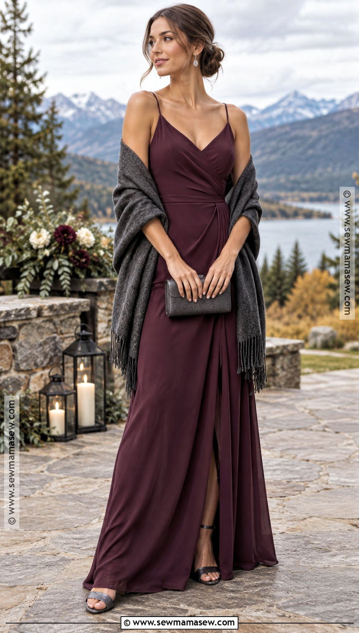 Plum Bridesmaid Dress With Charcoal Wool Shawl - 15 wedding shawls and wraps fall bridal party ideas