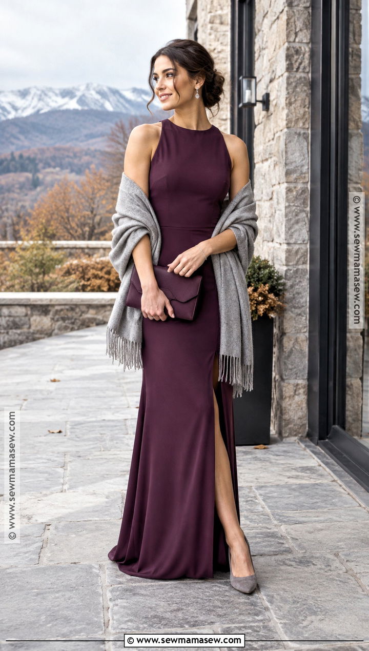 Plum Bridesmaid Dress With Gray Wool Wrap - 15 Bridesmaid Shawls And Wraps Fall Ideas