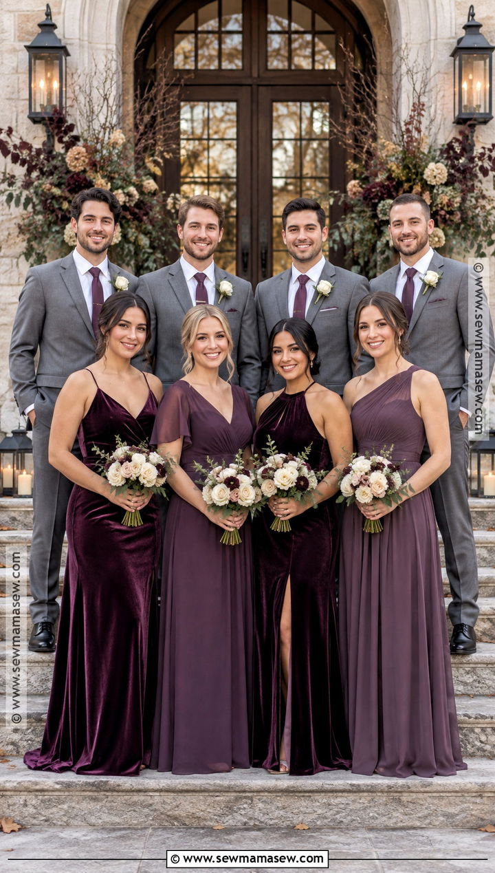 Plum Bridesmaid Dresses With Gray Groomsmen - 15 fall bridesmaid dresses mismatched with groomsmen