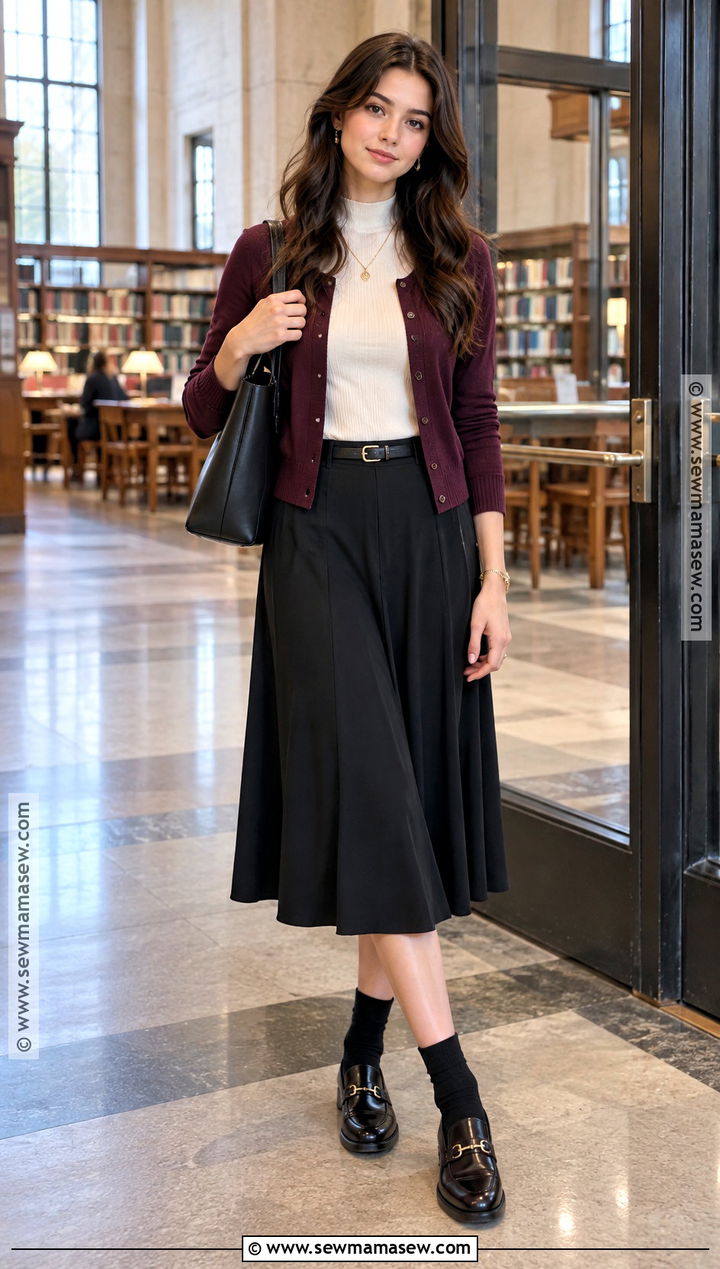 Plum Cardigan With Midi Skirt - 20 purple back to school outfits