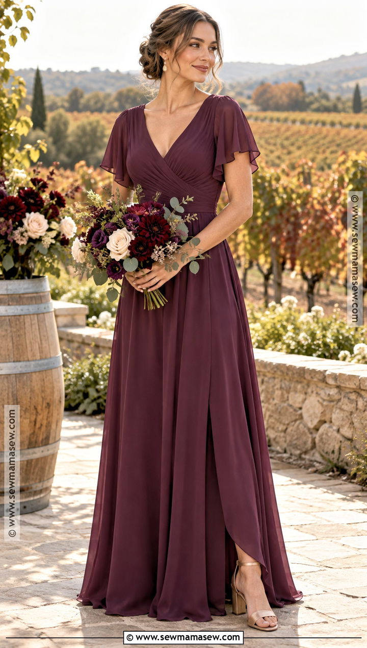 Plum Chiffon Bridesmaid Dress With Burgundy Bouquet - 15 plum bridesmaid dresses fall deep purple wedding bouquets