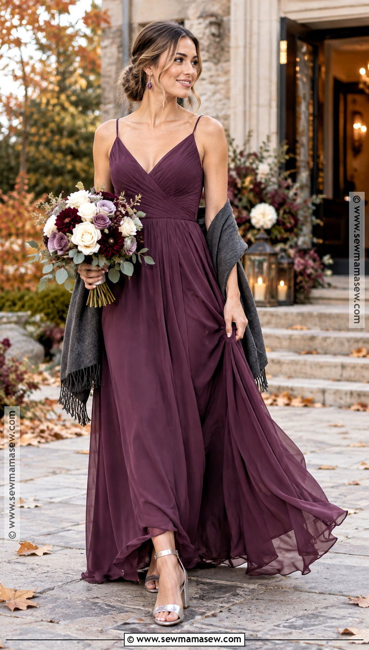 Plum Chiffon Bridesmaid Dress With Silver Heels - 15 Moody Fall Bridesmaid Dresses