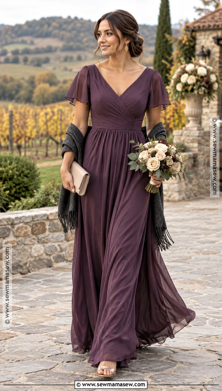 Plum Chiffon Bridesmaid Dress With Sleeves - 15 Dark Fall Bridesmaid Dresses