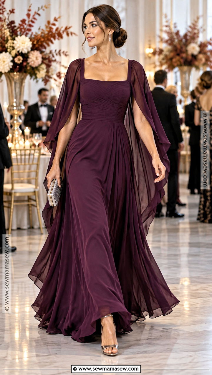 Plum Chiffon Cape Sleeve Gown - 15 fall black tie dress ideas