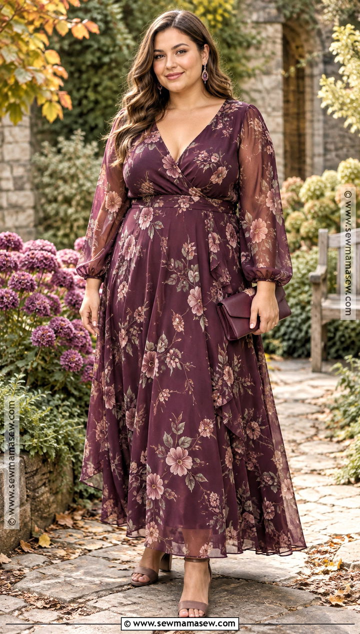 Plum Chiffon Floral Maxi Dress - 15 Fall Garden Wedding Dress Ideas