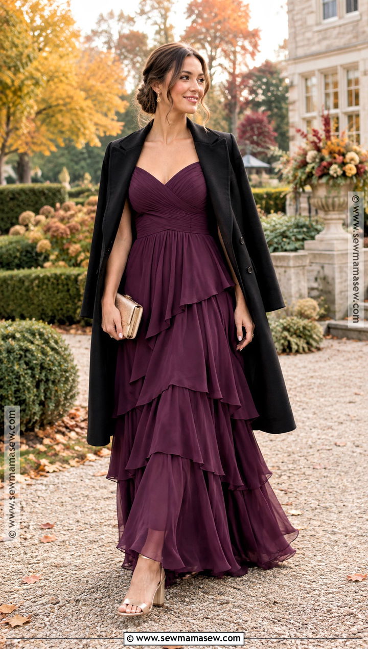 Plum Chiffon Tiered Fall Wedding Guest Gown - 25 fall wedding guest dress october formal ideas