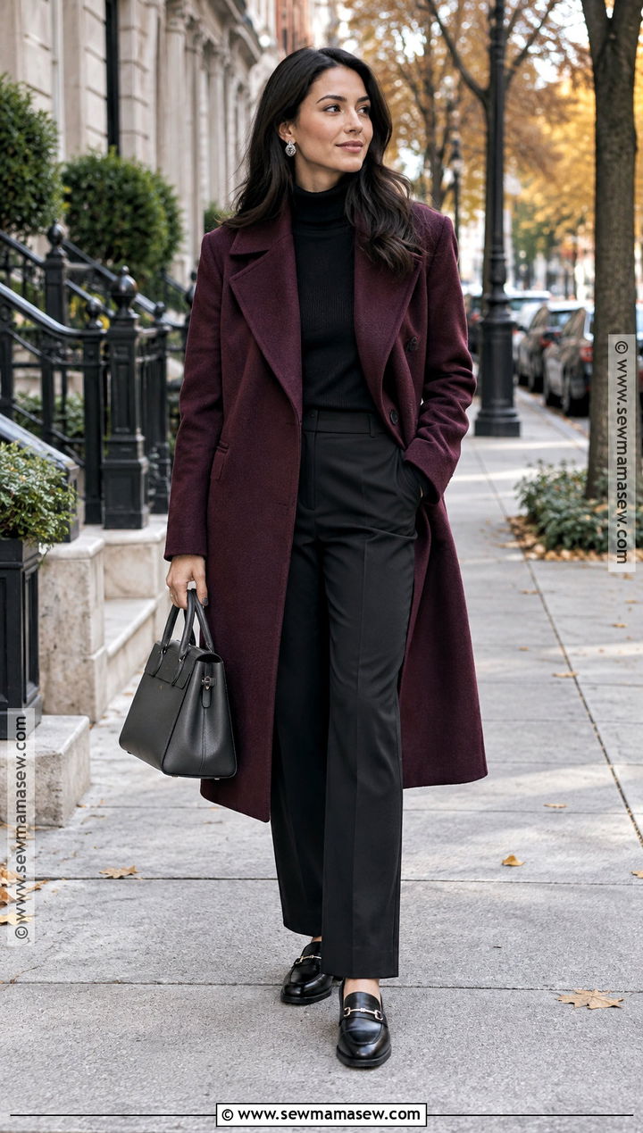 Plum Coat And Monochrome Black Outfit - 15 black hair fall outfit ideas