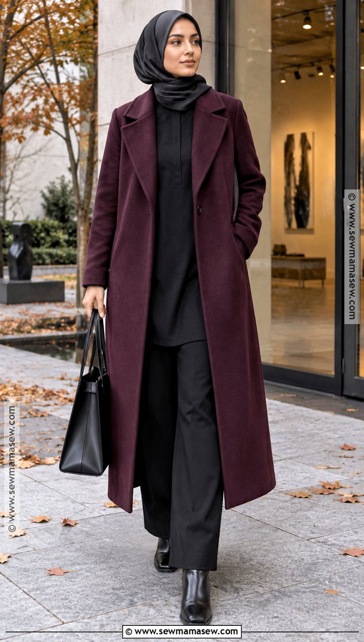 Plum Coat and All Black Hijab Outfit - 25 fall hijab outfits
