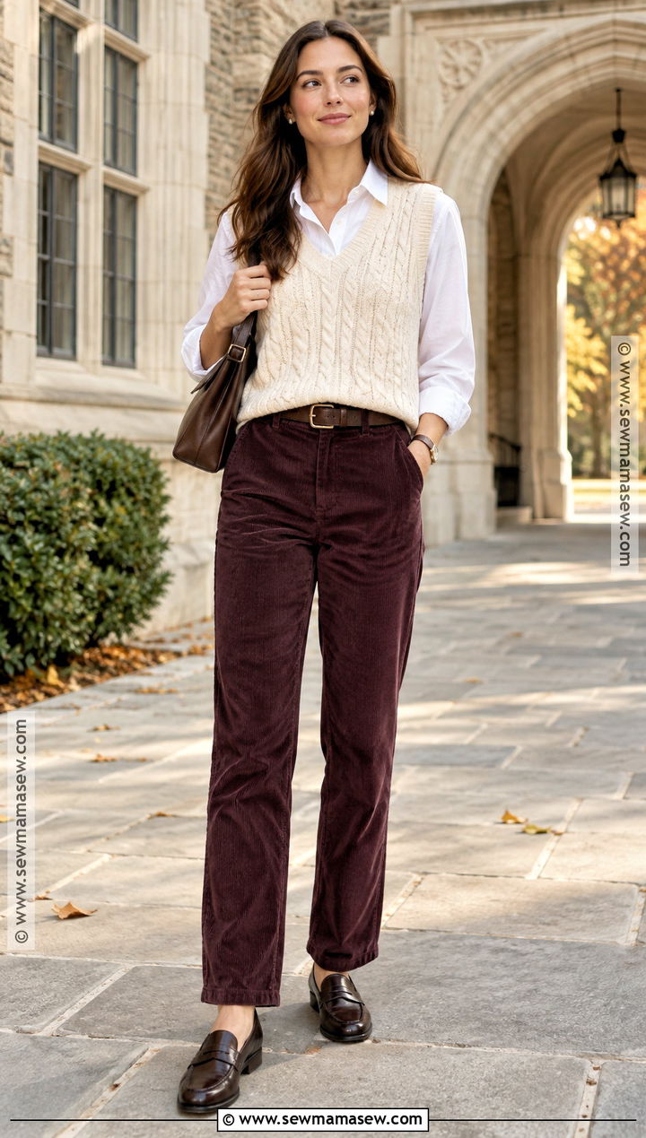 Plum Corduroy Pants With Sweater Vest - 15 Fall Outfits Corduroy Pants