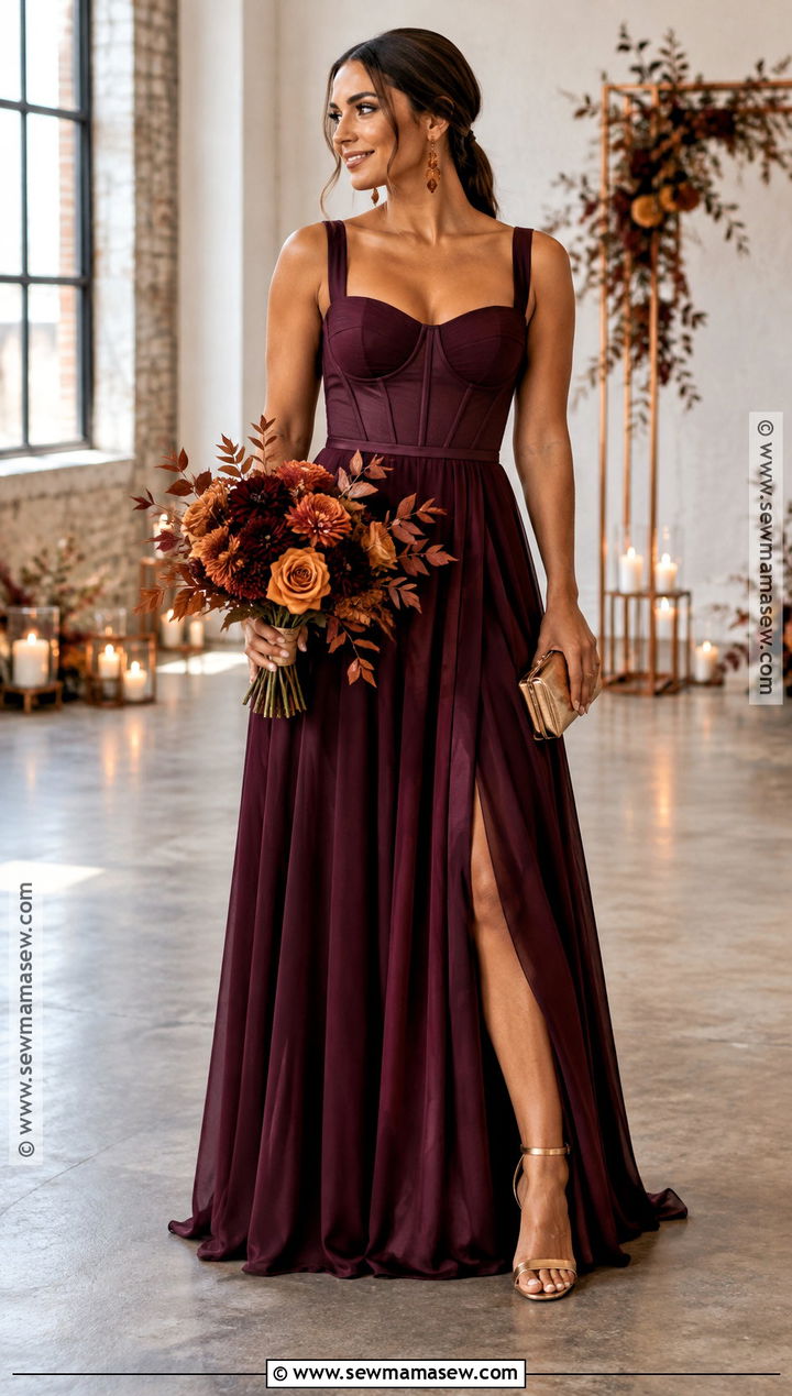 Plum Corset Bridesmaid Dress With Burnt Orange Bouquet - 15 plum bridesmaid dresses fall deep purple wedding bouquets