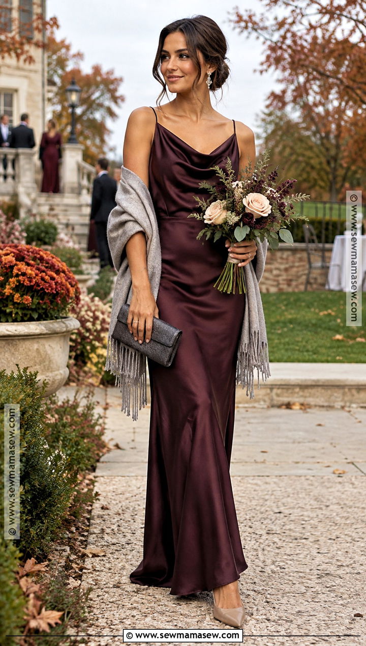 Plum Cowl Neck October Bridesmaid Dress - 15 fall wedding ideas october bridesmaid dresses
