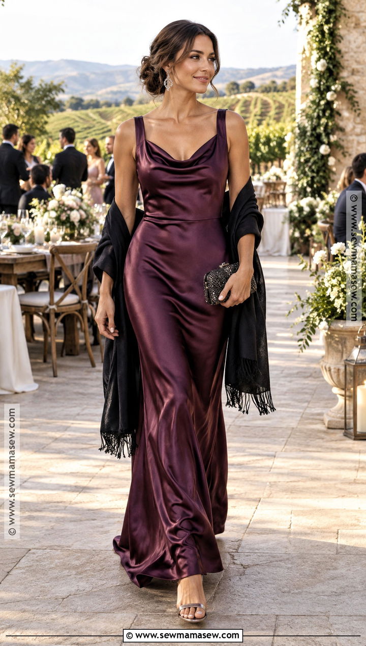 Plum Cowl Neck Satin Dress - 25 black tie wedding guest dress fall ideas