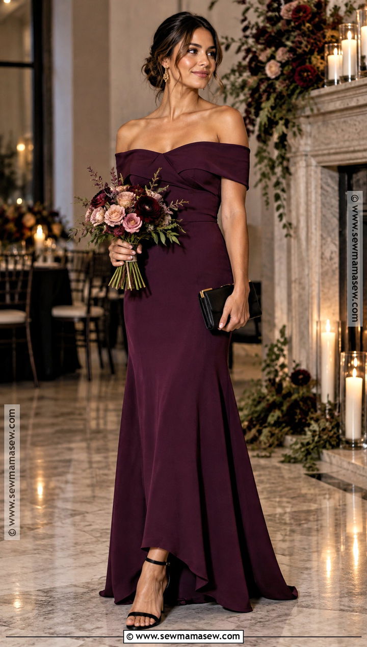 Plum Crepe Bridesmaid Dress With Black Heels - 15 fall bridesmaid dresses mismatched jewel tones