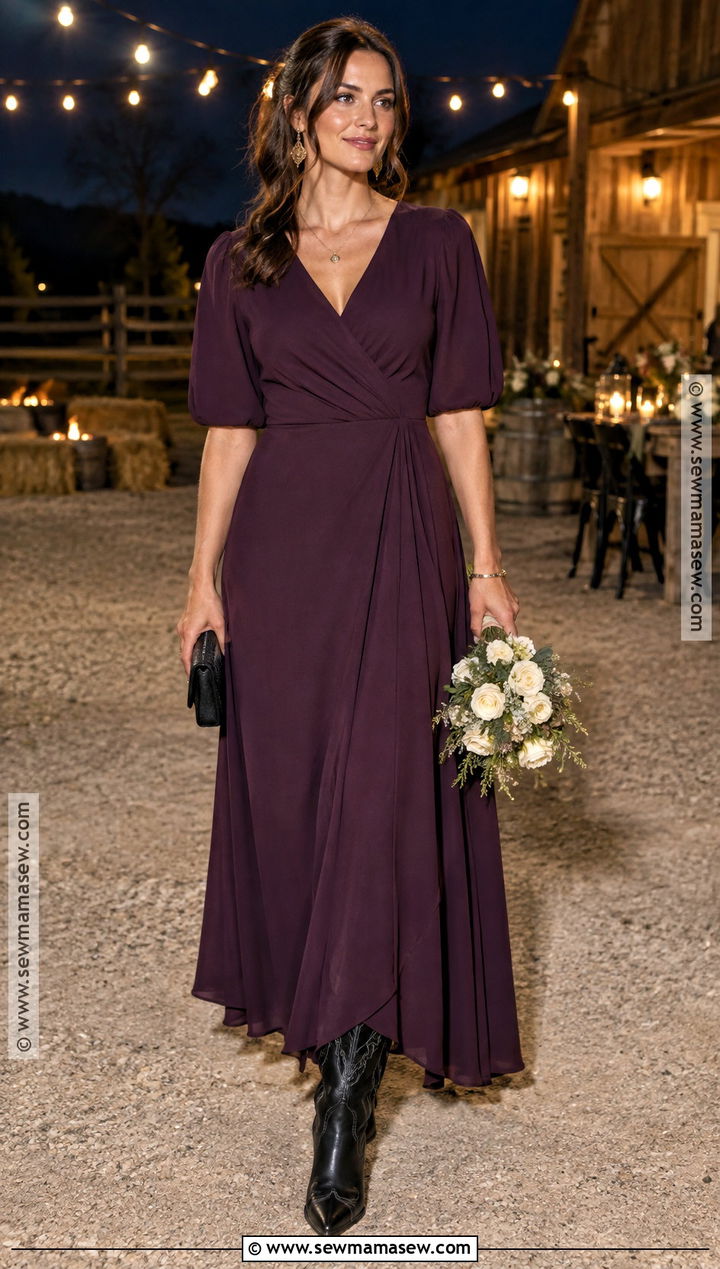 Plum Crepe Western Bridesmaid Dress With Black Boots - 15 Western Fall Bridesmaid Dresses