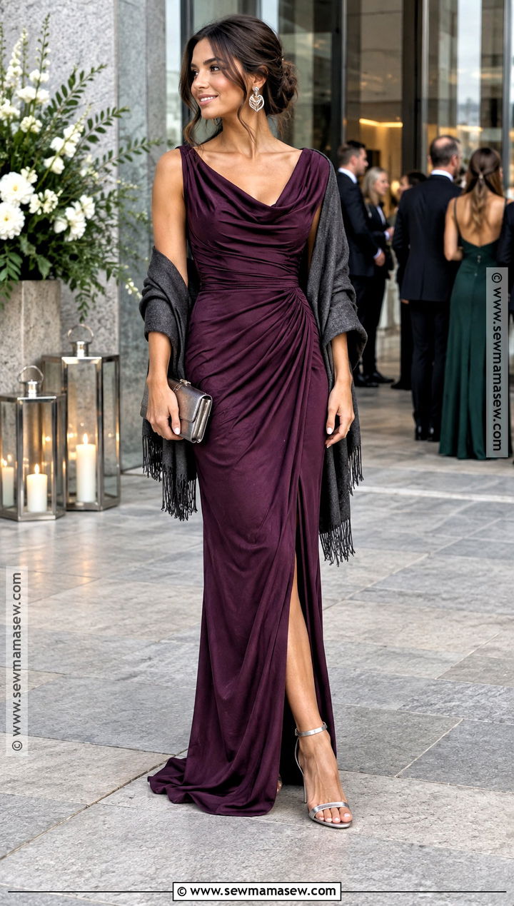 Plum Draped Maxi Dress Wedding Guest Outfit - 15 Long Dress Wedding Guest Fall Ideas
