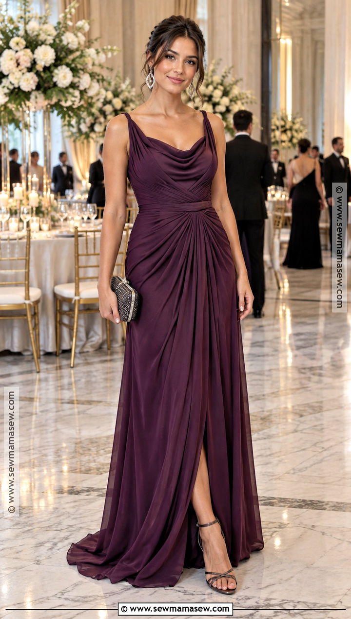 Plum Draped Maxi Fall Wedding Look - 20 fall wedding looks
