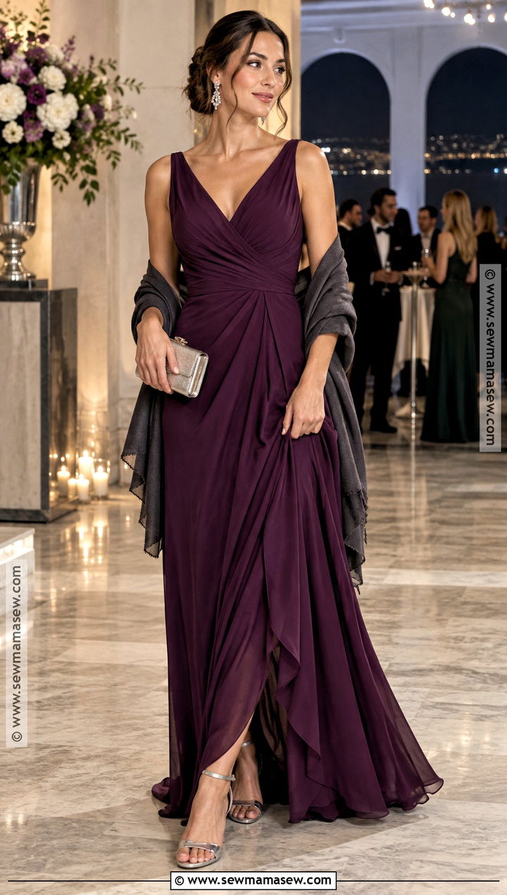 Plum Draped Maxi Wedding Guest Dress - 20 wedding dresses guest fall