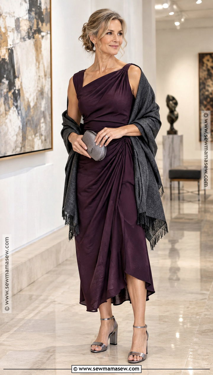Plum Draped Midi Dress Fall Wedding Guest Outfit - 15 Trendy Fall Wedding Guest Outfit Ideas