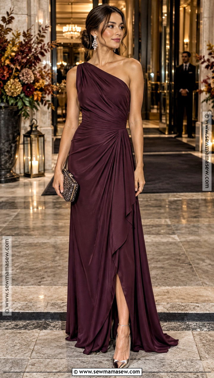 Plum Draped Wedding Guest Maxi Dress - 15 Wedding Guest Maxi Dress Fall Ideas