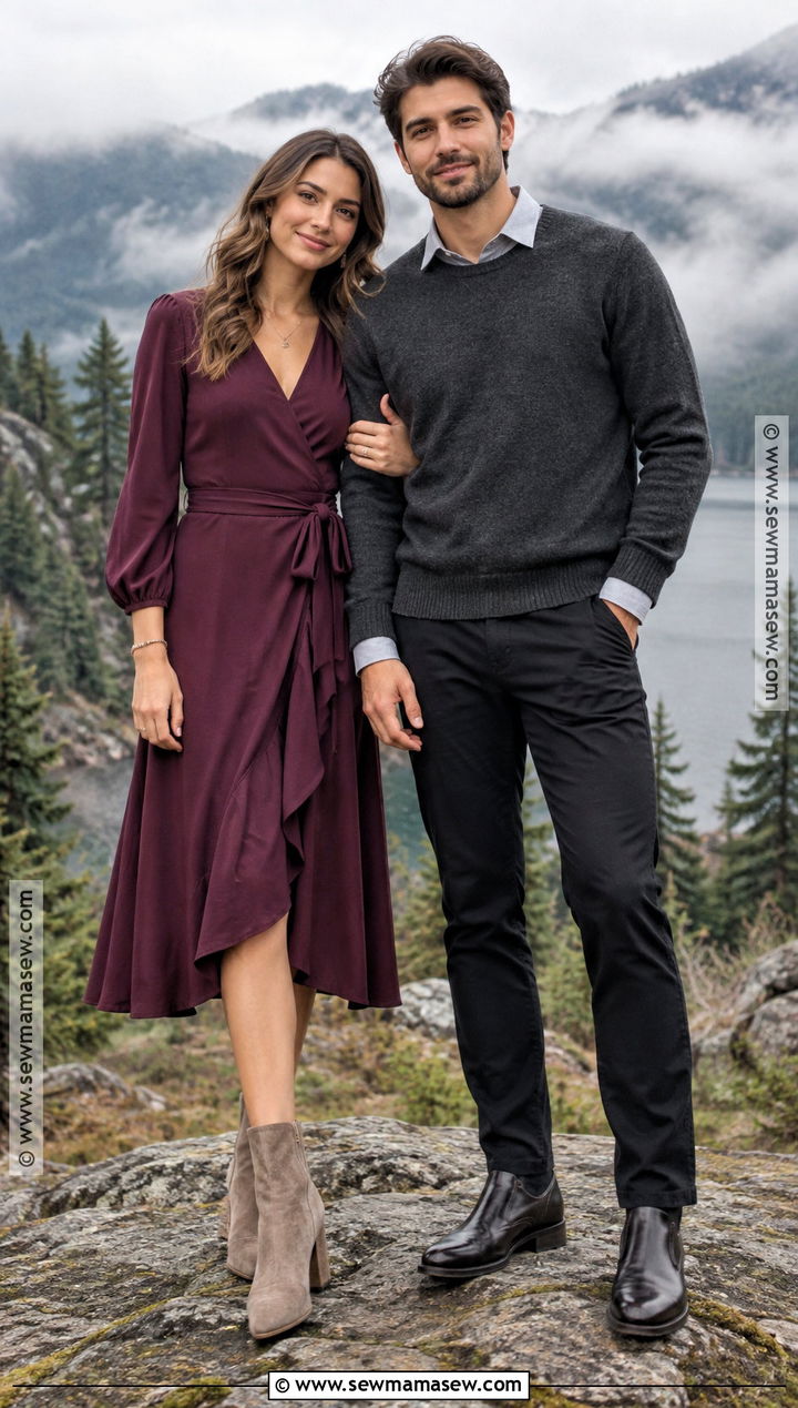 Plum Dress And Charcoal Sweater Couple Outfit - 20 fall couple photoshoot outfit ideas