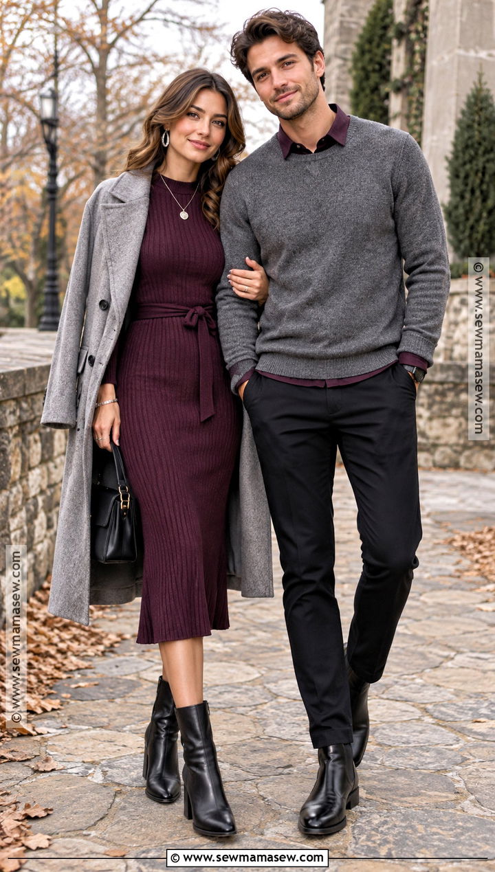 Plum Dress And Gray Sweater Fall Couple Outfit - 15 coordinating couple outfits for pictures fall