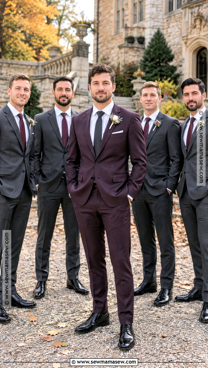 Plum Fall Wedding Suit With Gray Groomsmen - 15 fall mens wedding attire groom & groomsmen suits ideas