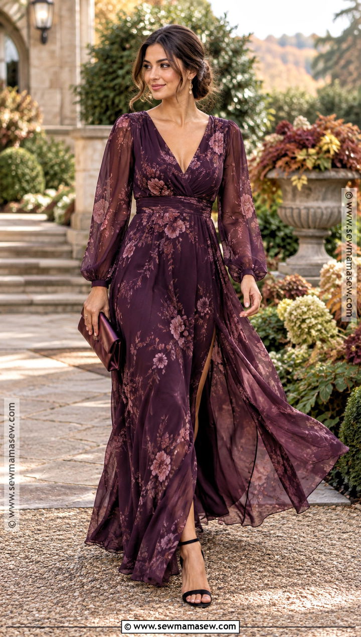 Plum Floral Chiffon Maxi Dress Outfit - 15 Formal Fall Wedding Guest Outfit Ideas