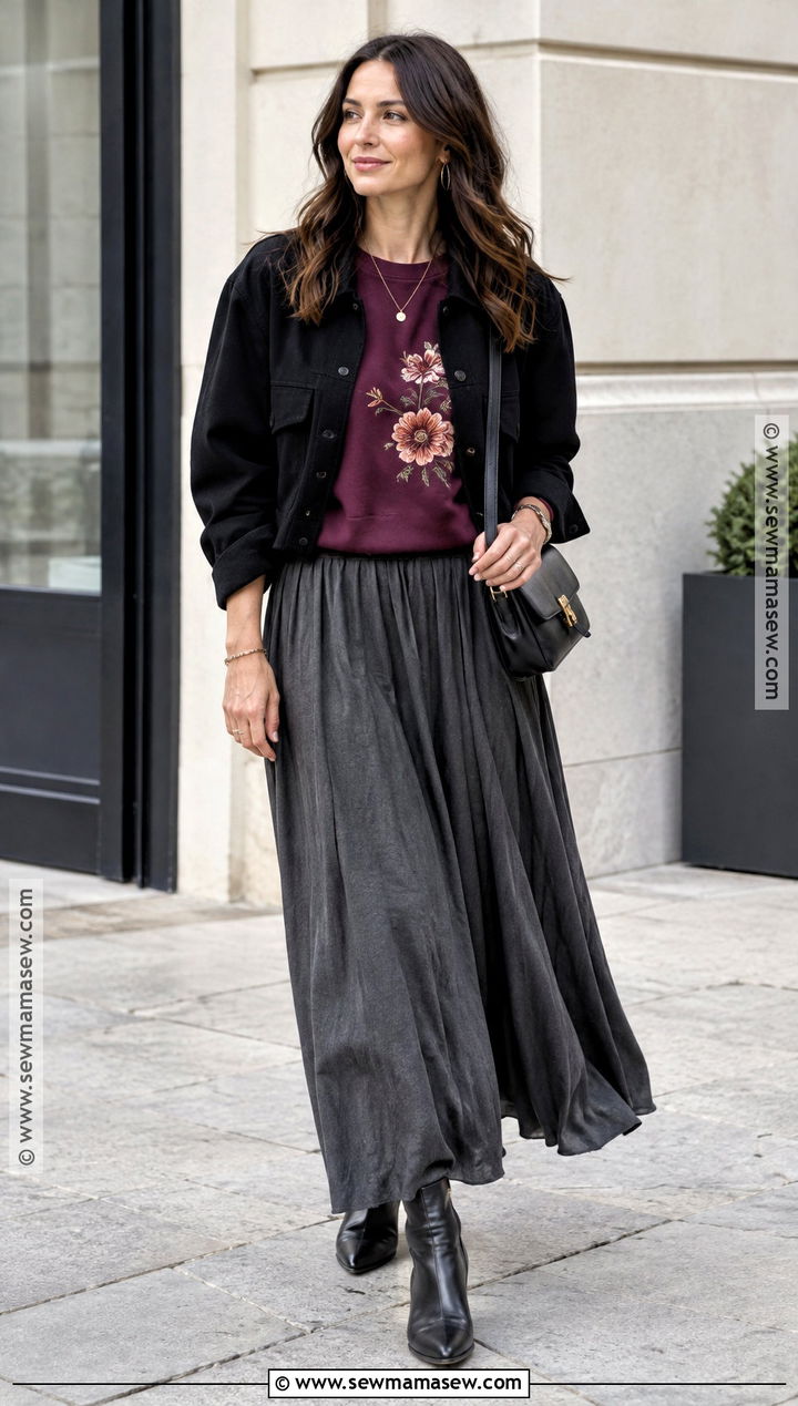 Plum Floral Embroidered Sweatshirt Outfit With Maxi Skirt - 20 Fall Embroidered Sweatshirts Ideas
