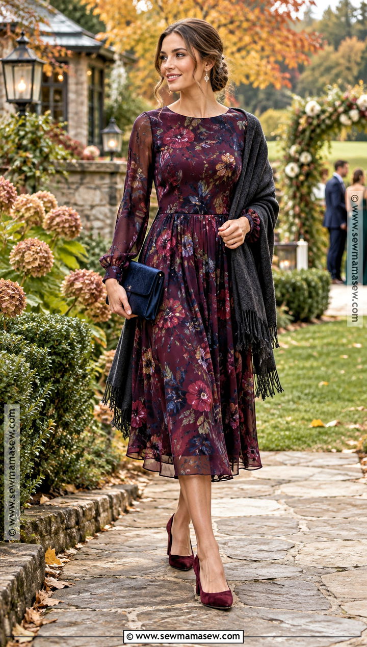 Plum Floral Midi Dress With Shawl - 15 outdoor fall wedding outfit ideas