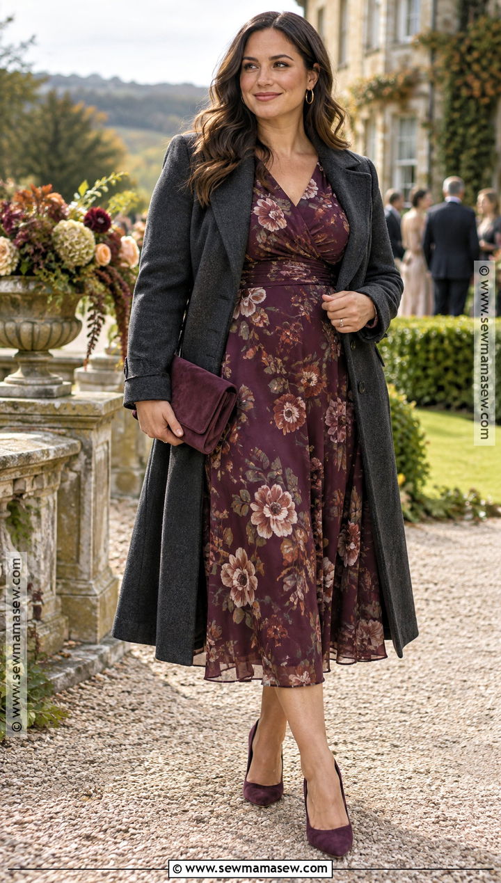 Plum Floral Midi October Wedding Guest Outfit - 20 fall wedding guest outfit october ideas