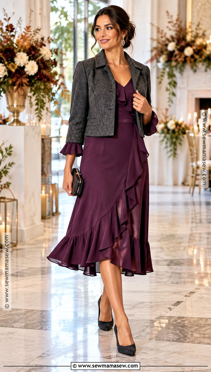Plum Floral Ruffle Dress With Block Heels - 15 Floral Autumn Dresses
