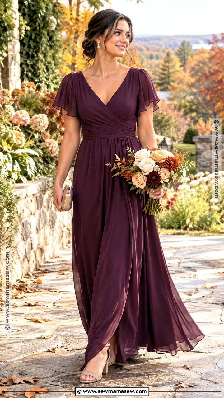 Plum Flutter Sleeve Chiffon Bridesmaid Dress - 20 plum bridesmaid dresses fall
