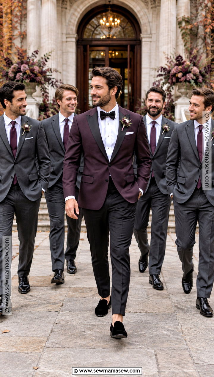 Plum Groom Tuxedo With Charcoal Groomsmen Suits - 15 fall groom and groomsmen attire ideas