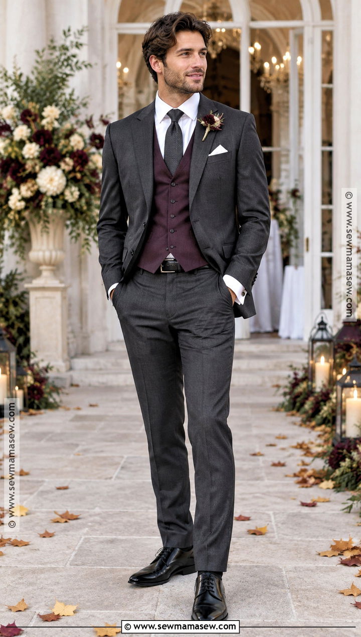 Plum Groom Vest With Charcoal Suit - 15 fall groom attire vest ideas