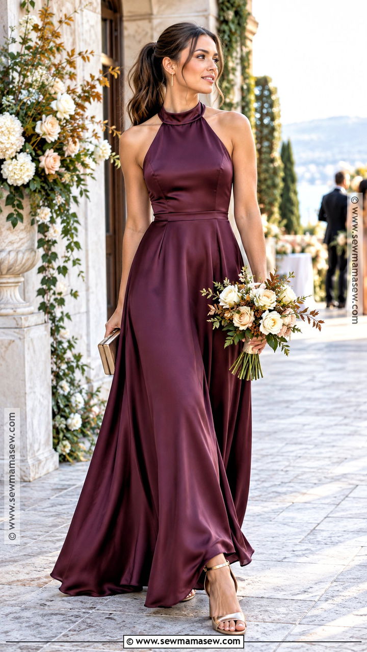 Plum Halter Neck Satin Bridesmaid Dress - 20 plum bridesmaid dresses fall