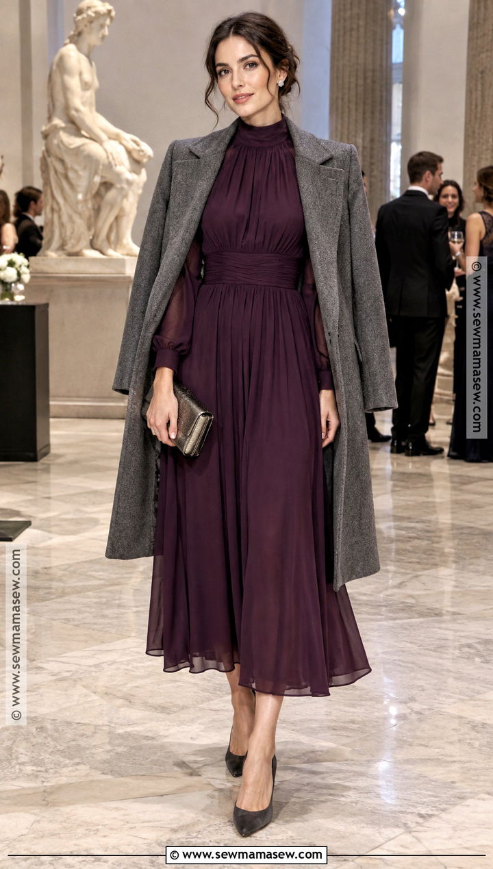 Plum High Neck Long Sleeve Dress - 15 fall wedding guest dress high neck ideas
