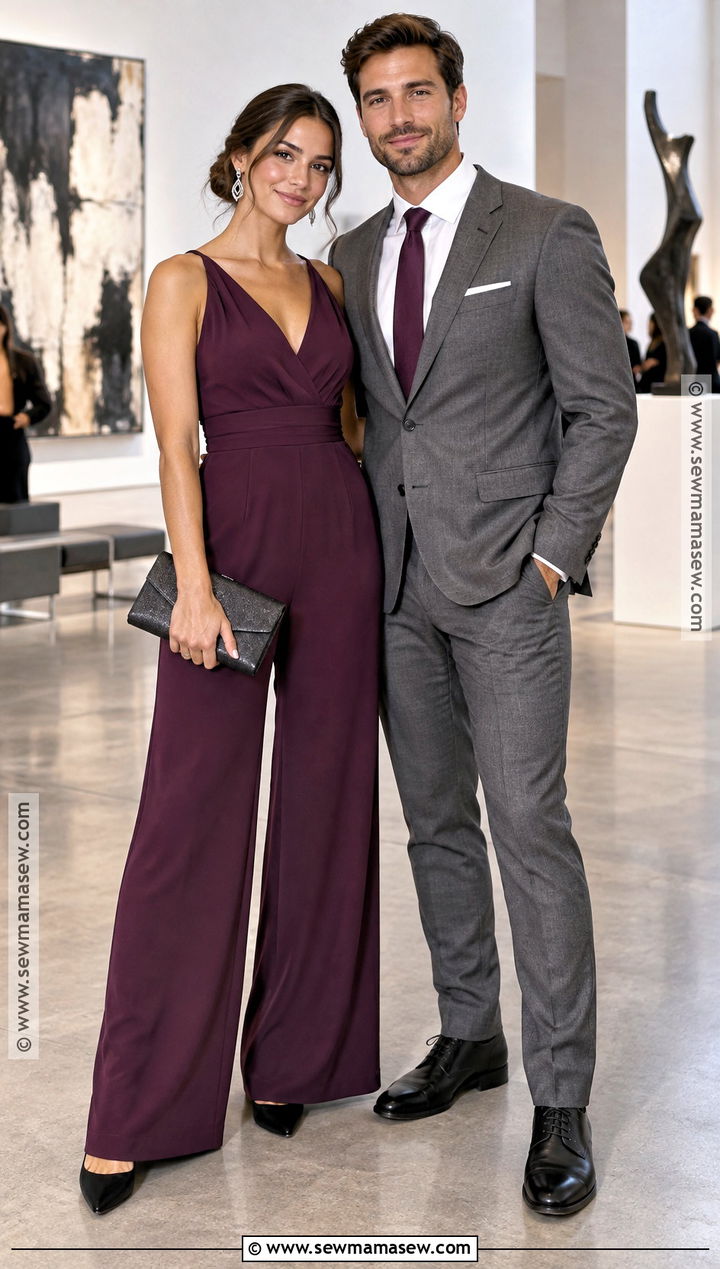 Plum Jumpsuit And Gray Suit Fall Wedding Guest Outfit - 15 couples wedding guest outfits fall